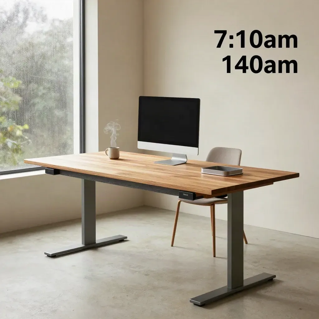 Oak height-adjustable desk by a rain-streaked window with chair, riser, mug and cable tray