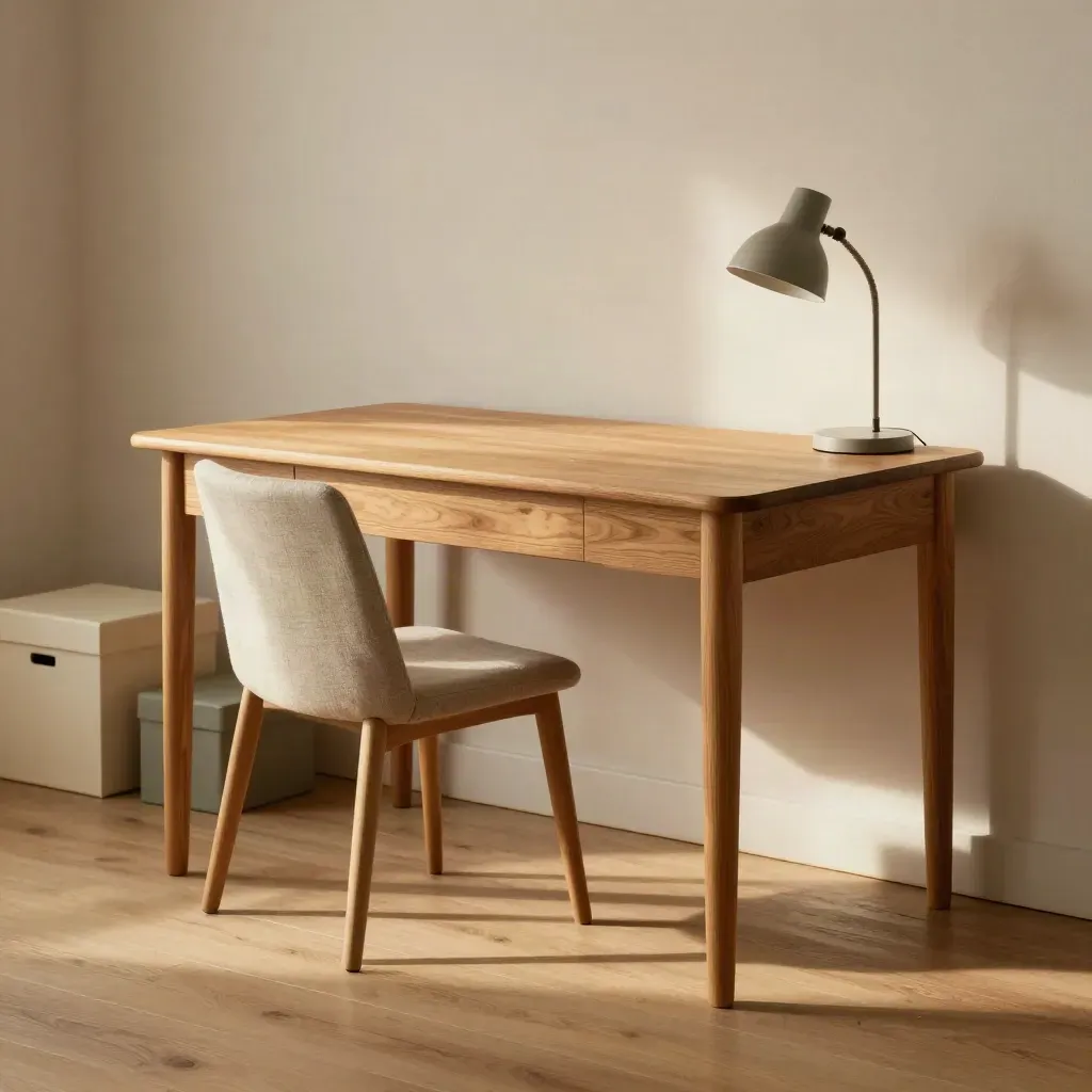 Pine writing desk with linen chair, task lamp and storage boxes in a soft Scandinavian corner setup.