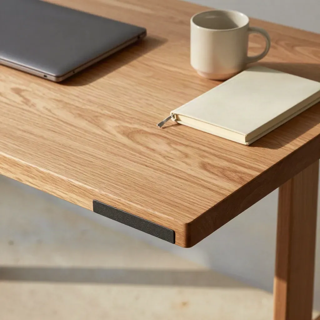 Maple lift desk corner with laptop, mug, cable sleeve and notebook on pale stone.