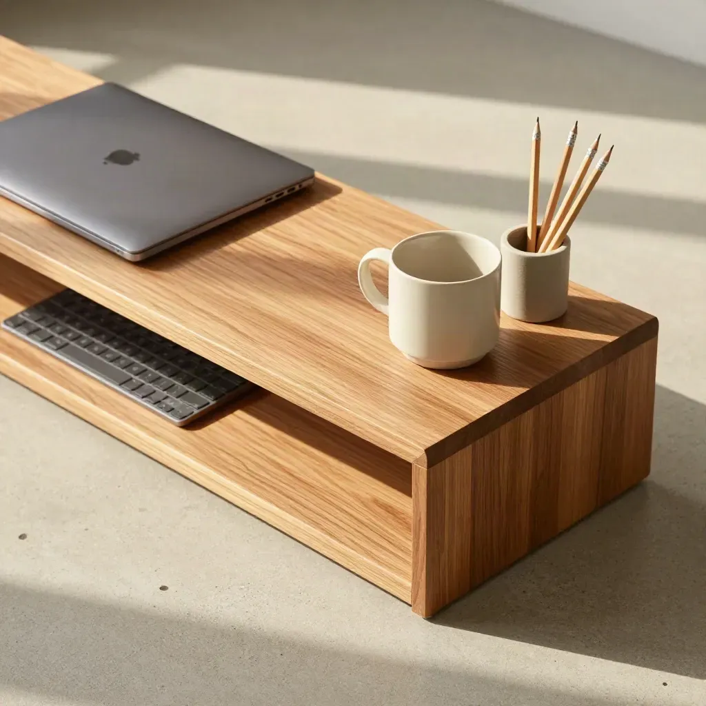 Overhead oak monitor riser with laptop, tray, cup and pencil cup on pale concrete.