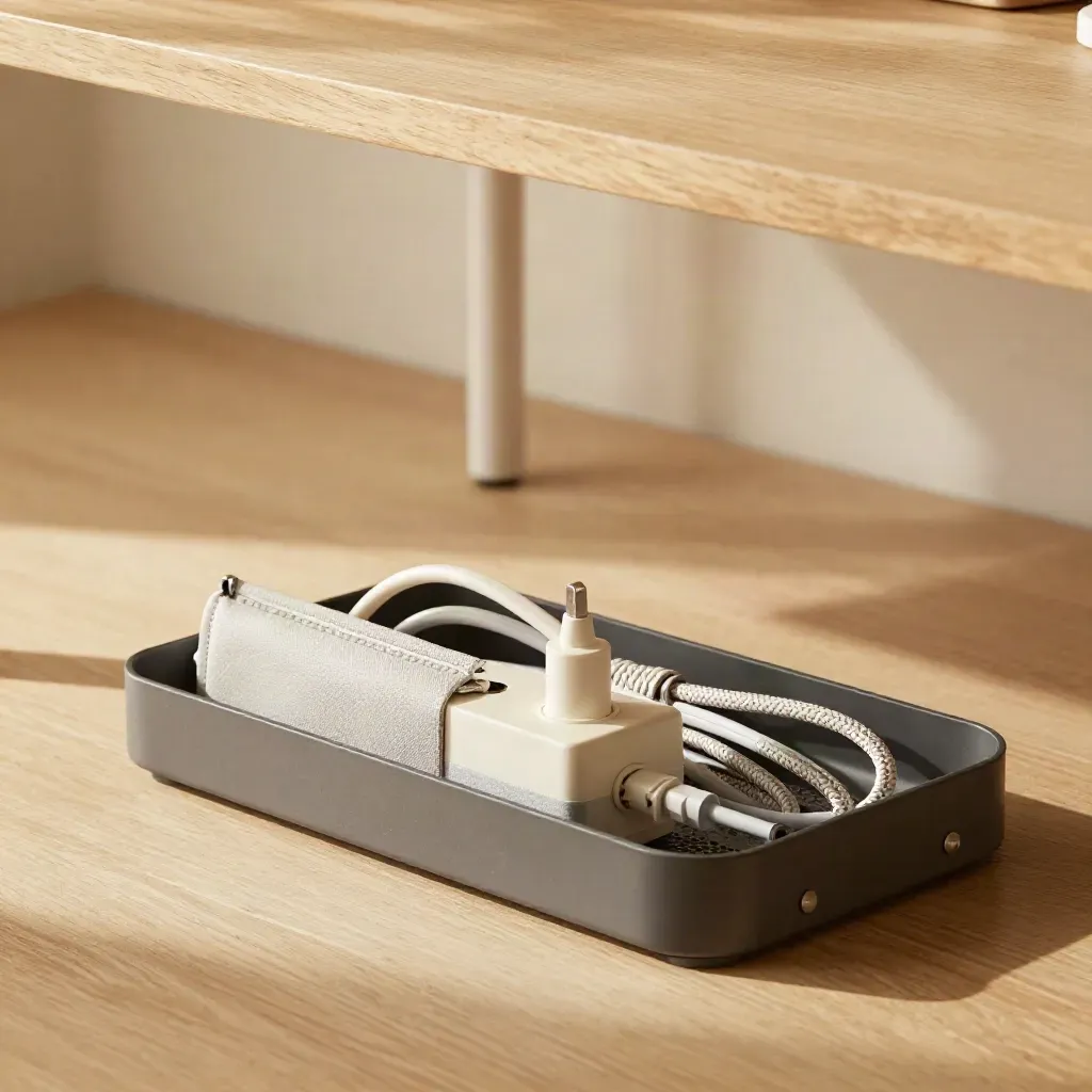 Under-desk cable tidy tray with sleeve, power strip and cord tie beneath a pale wood desk.