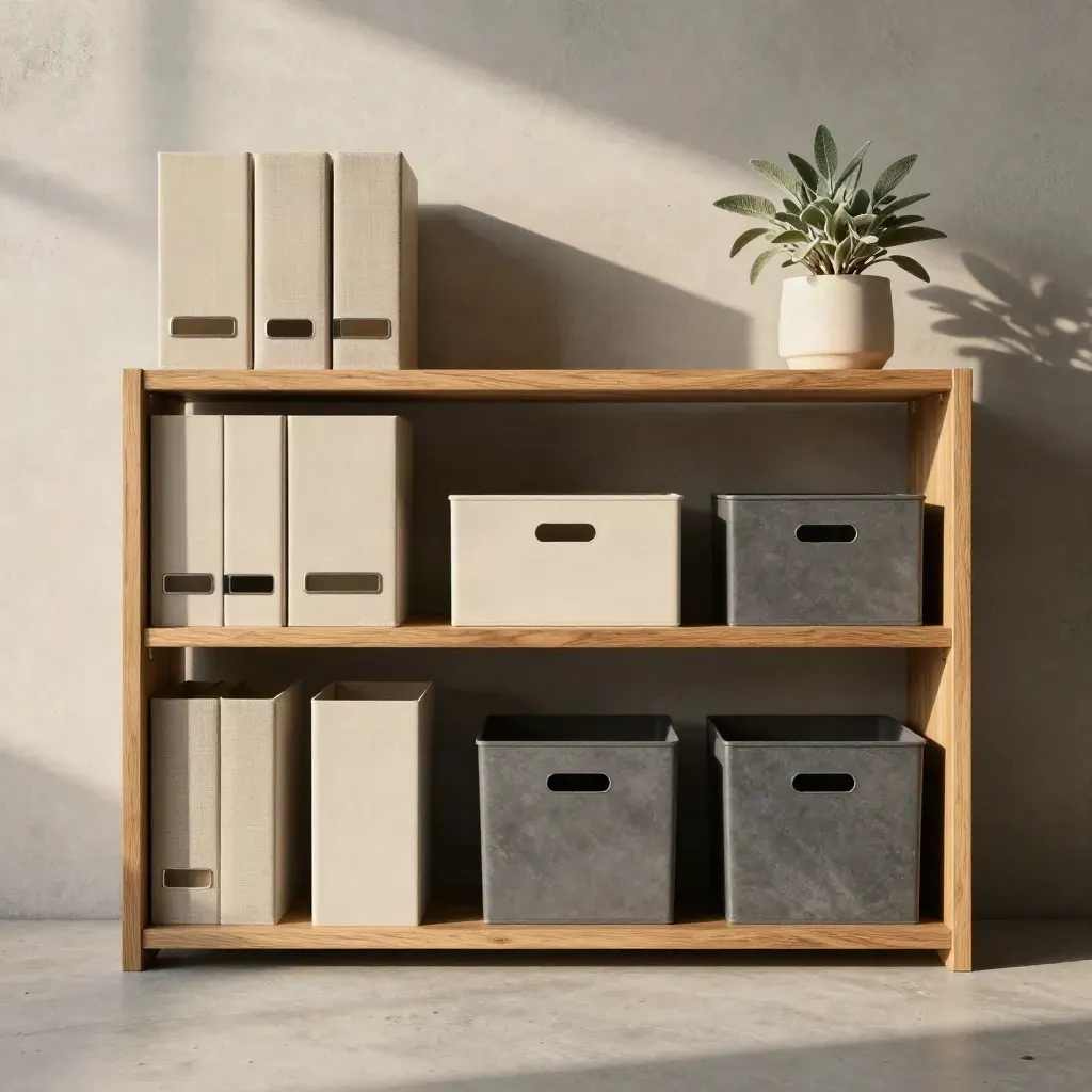 Top-down flat lay of a desk shelf set with binders, bins and a small plant on pale concrete.