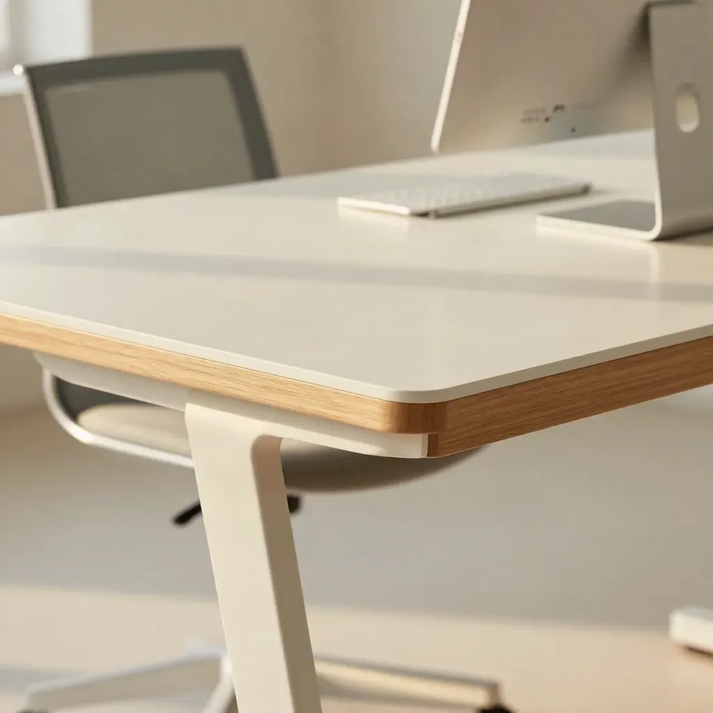 White desk hero with mesh chair and monitor riser in a bright cream studio