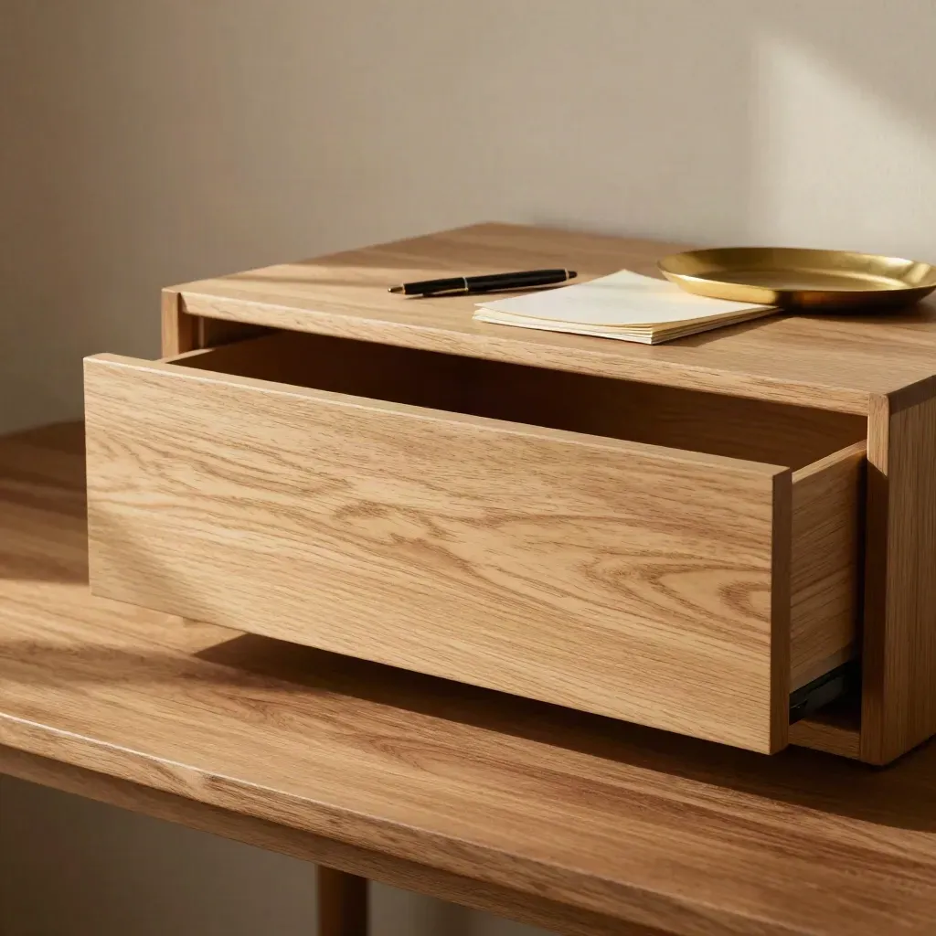 Slim pale oak drawer unit with papers, pens and a brass tray in raking light