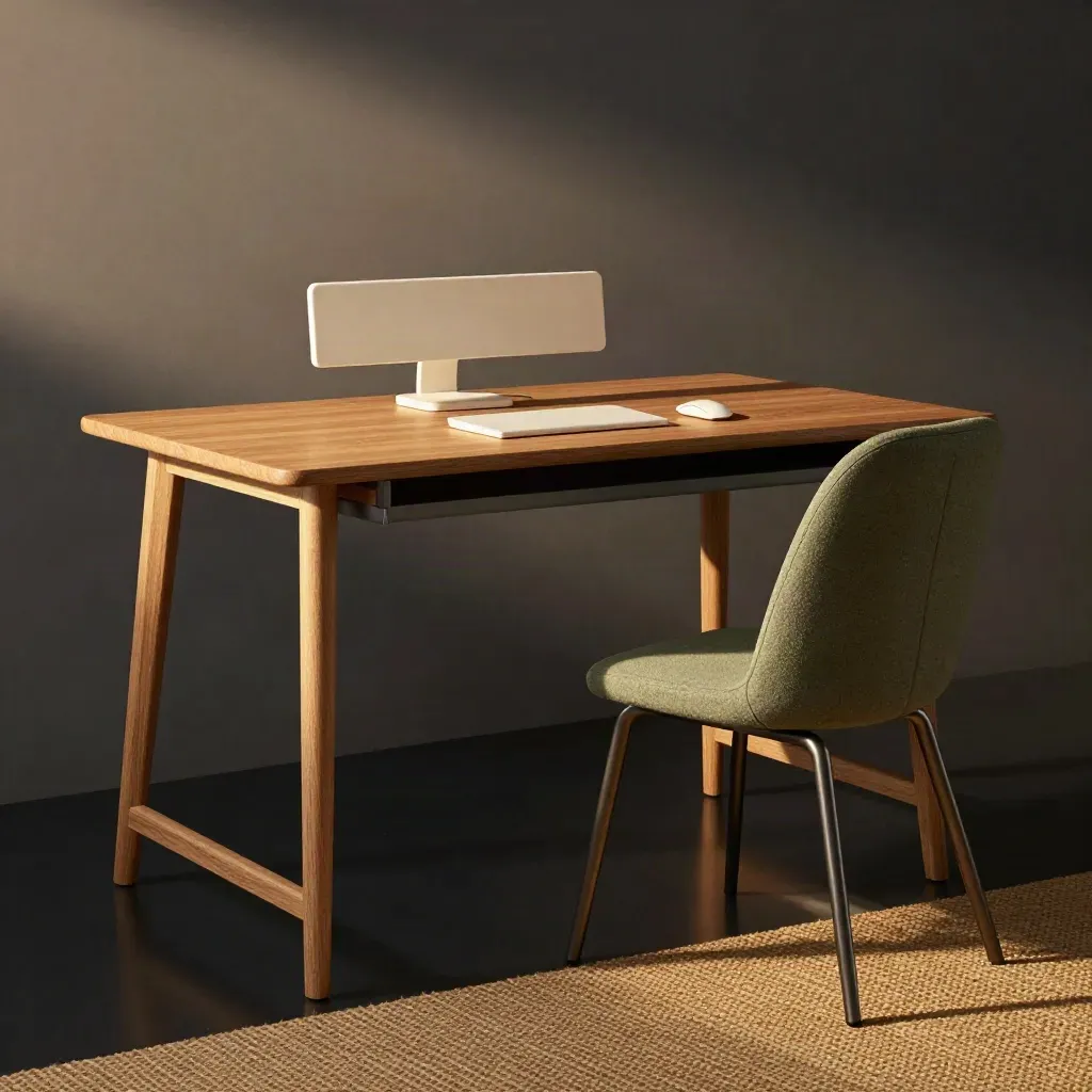 Warm oak desk and sage chair bundle with cable tray and monitor riser in a dramatic studio setup.
