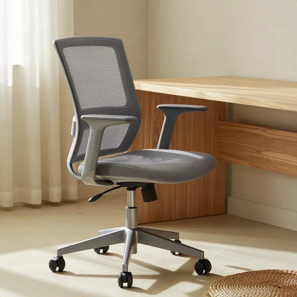 Graphite mesh desk chair beside a pale oak desk and footrest mat in soft window light