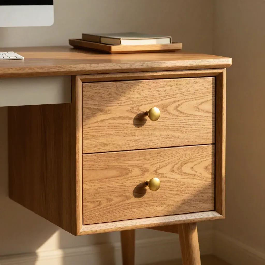 Oak two-drawer unit with brass pulls under a desk, beside a tray and notebook, in soft raking light