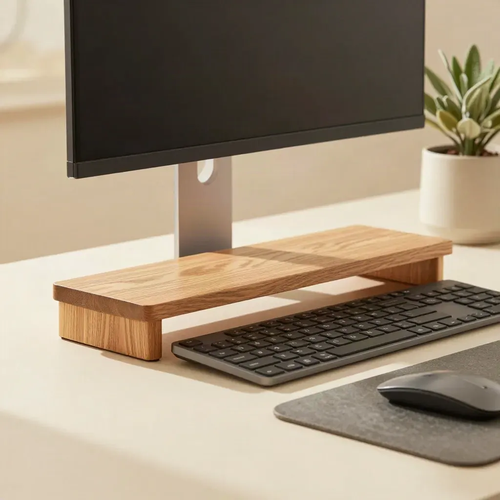 Oak monitor stand with keyboard, mouse pad and small plant in a bright studio hero shot.