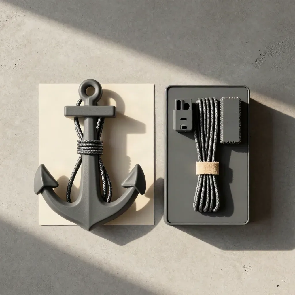 Top-down flat lay of two slate cable boxes with braided cords, adapter brick and ties on concrete.