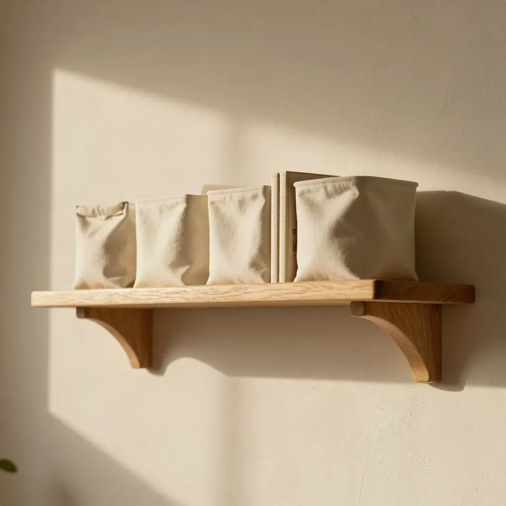 Pale oak wall shelf rail with bins, bookends and a fabric pouch on a plaster wall