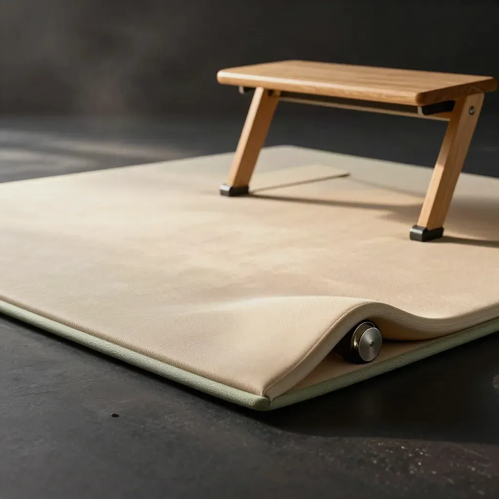 Foam sit-stand mat with footrest and caster in dramatic studio light