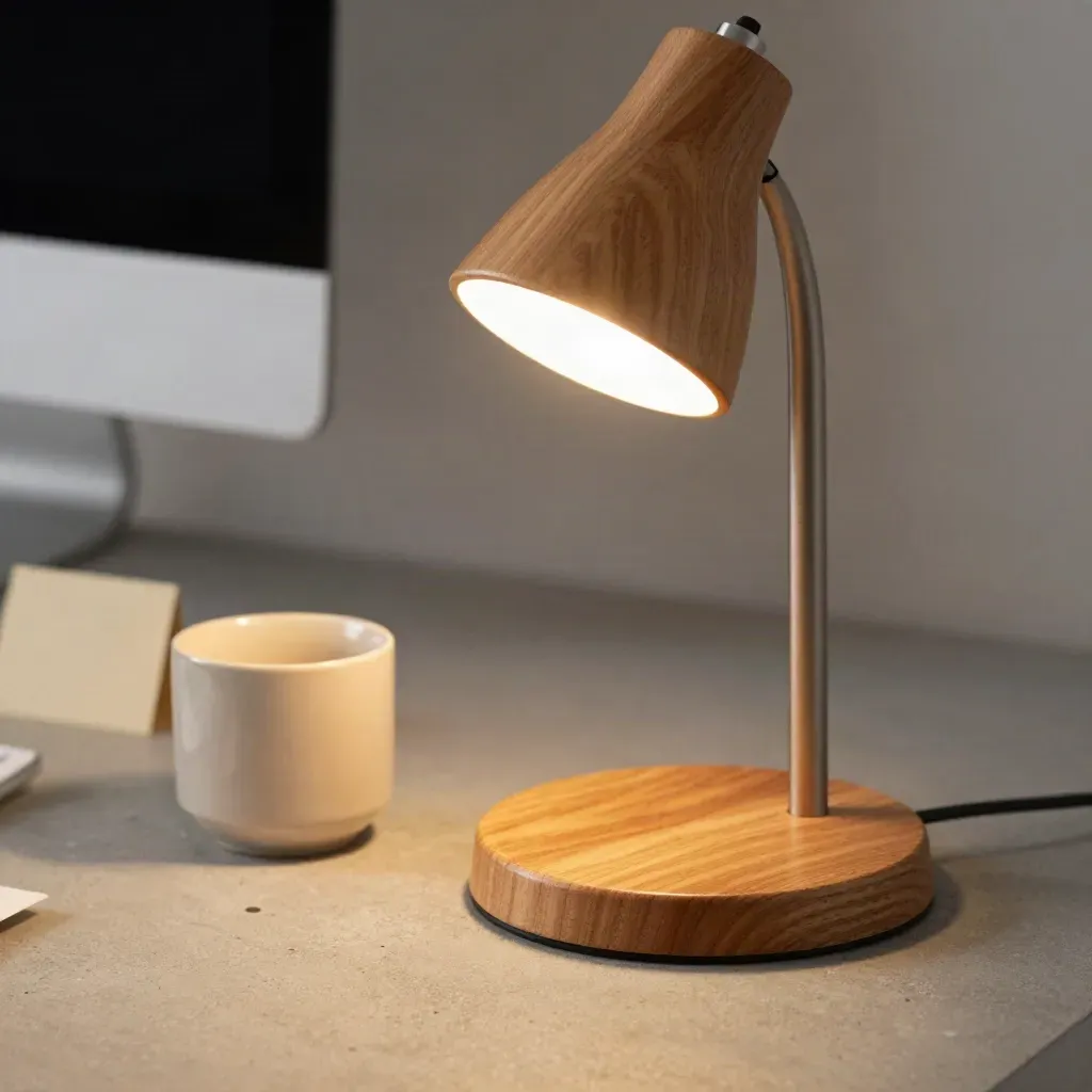 Wood desk lamp glowing beside a monitor riser and ceramic cup in a calm home office.