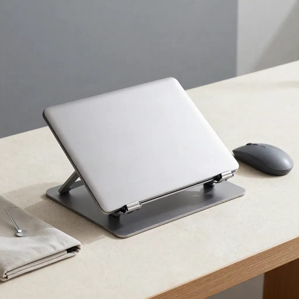 Brushed-metal laptop stand with mouse and cable clip on a pale stone surface.