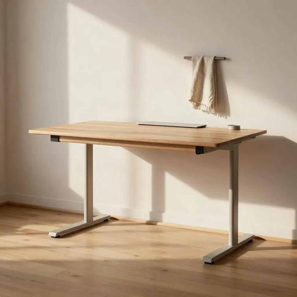 Sunlit Scandinavian corner with standing desk parts, oak floor, plaster wall, and calm copy space.