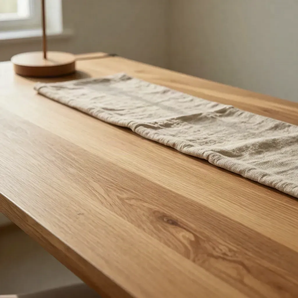 Oak tabletop with lamp base and linen runner, soft studio light, open copy space.